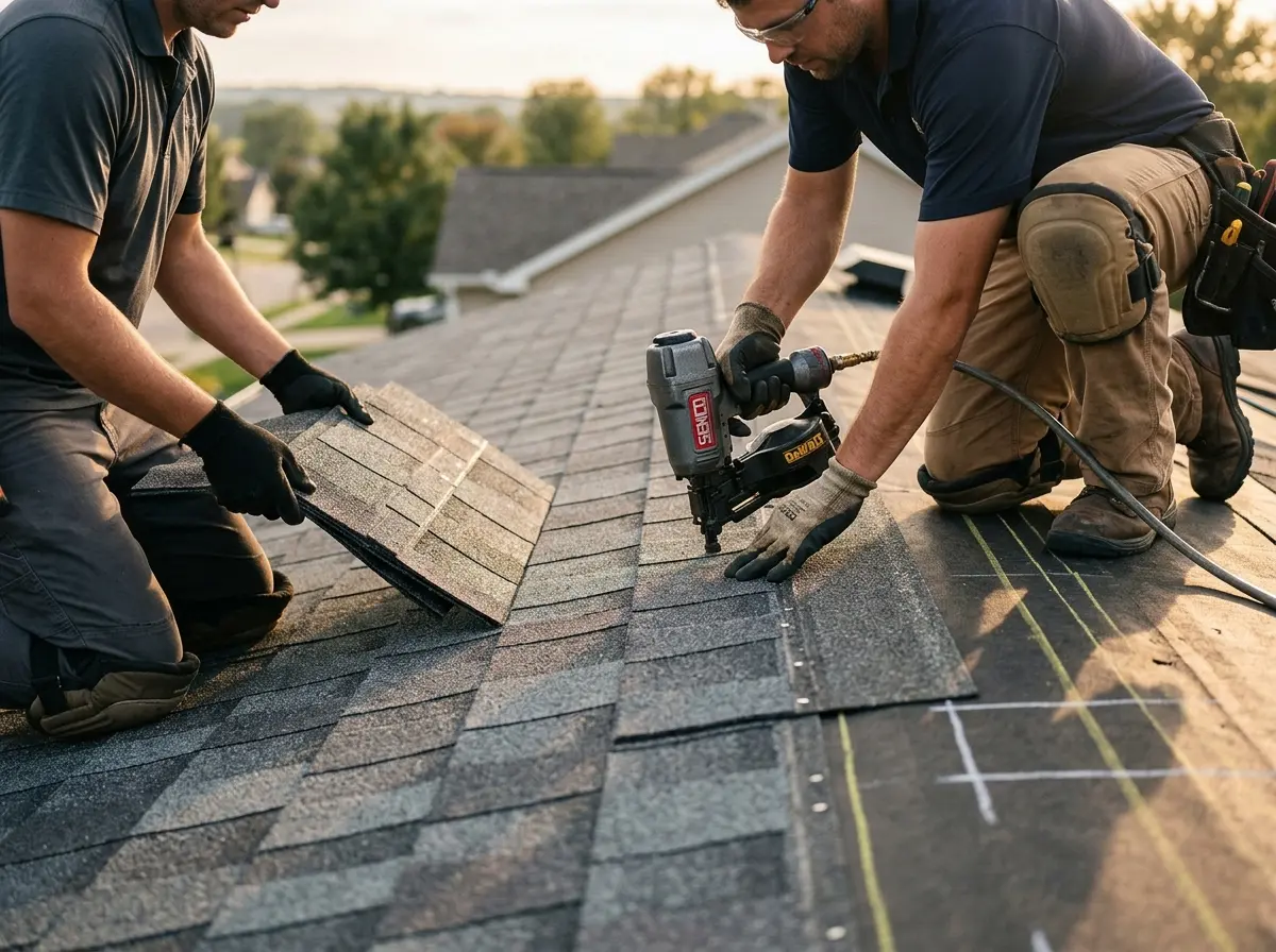 Professional roofer working on a residential roof in Del Aire